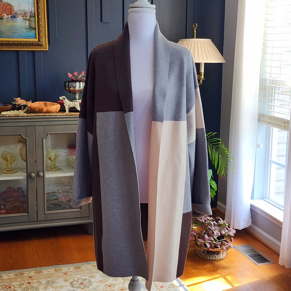 THML Colorblock Longline Sweater Coat Gray Brown Sz S